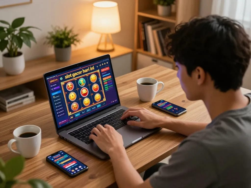 Engaging online gaming setup featuring slot gacor hari ini interface on a laptop, capturing cozy home atmosphere.