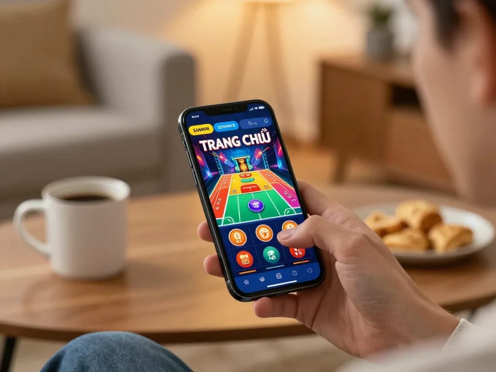 Engaging with the SUNWIN TRANG CHỦ app in an inviting home setting during an online casino session