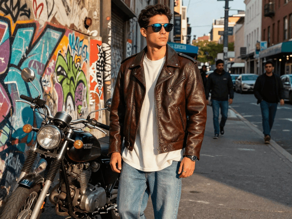 Stylish young man in men's leather jackets against graffiti wall, exuding urban fashion.