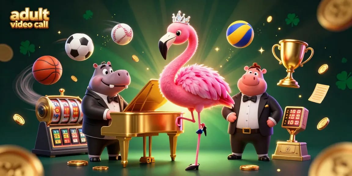 Engage in an exciting adult video call with vibrant animated characters and dynamic casino elements.