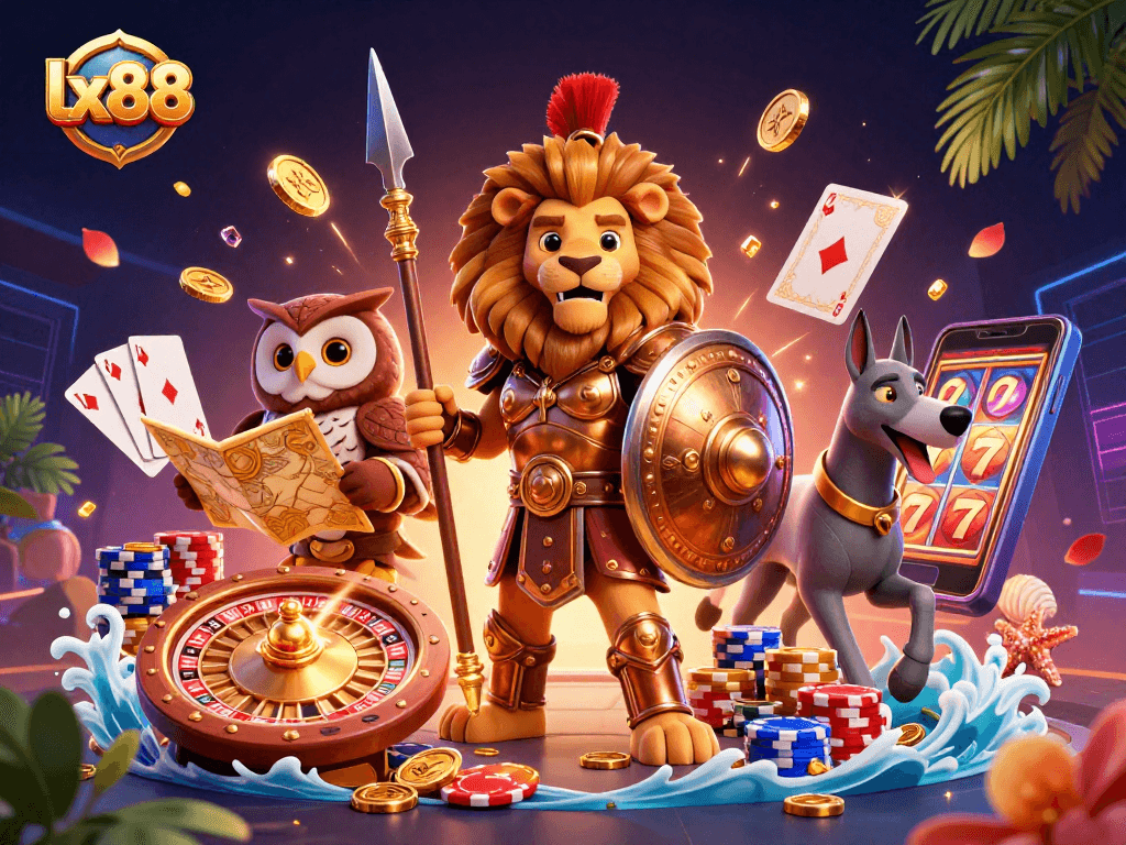 Immerse in lx88's dynamic casino scene featuring a Spartan lion, owl, and greyhound with striking gaming elements.
