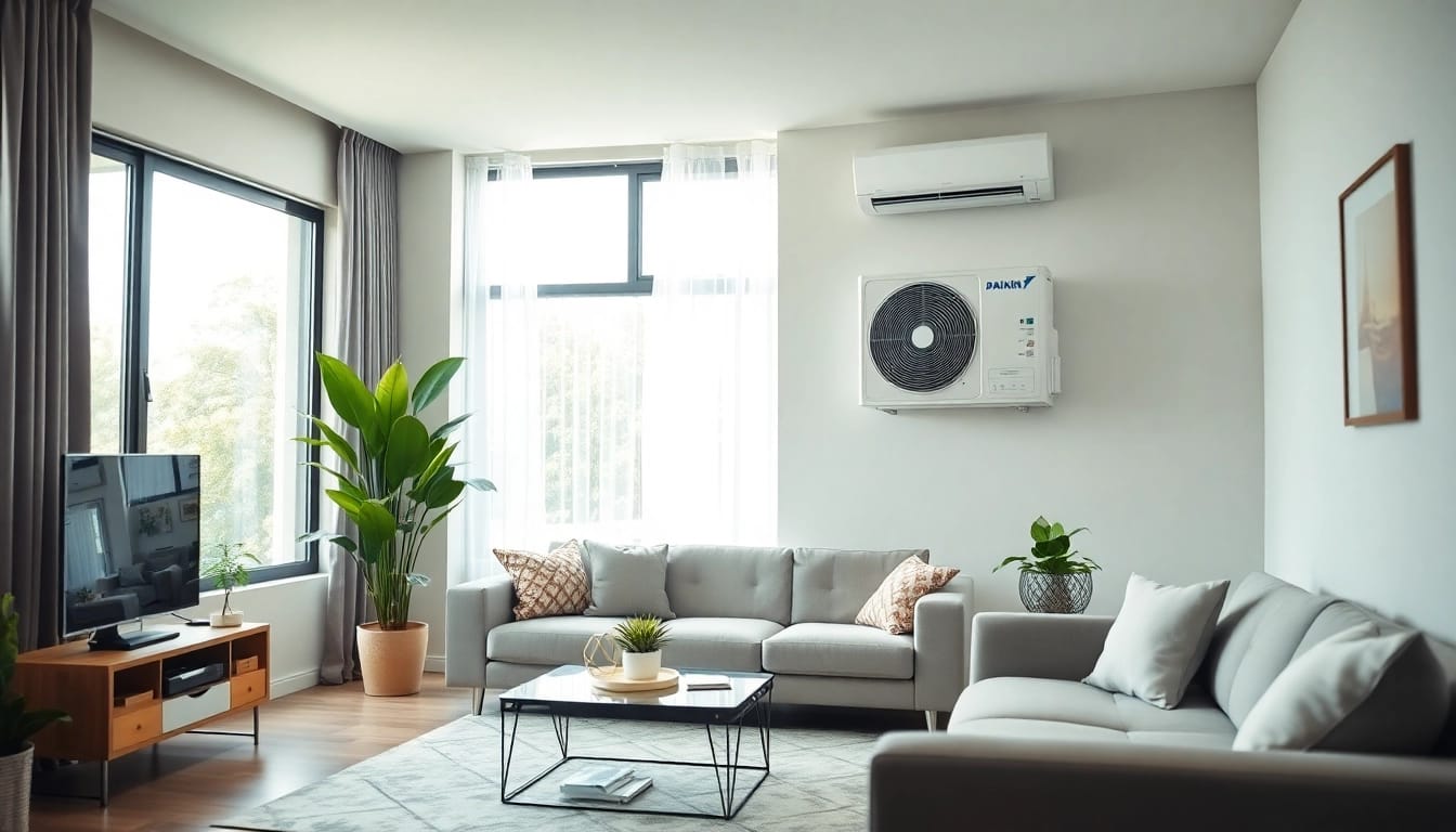 Installing a Daikin mini split AC in a stylish living room, promoting comfortable climate control.