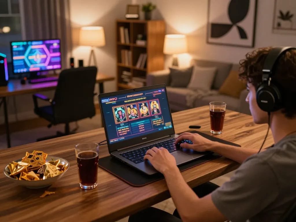 Engaging player utilizing slot777 gacor on a laptop in a cozy home gaming setup