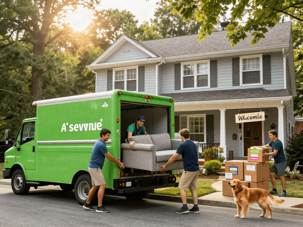 Asheville moving company team loading a bright truck in cozy neighborhood.
