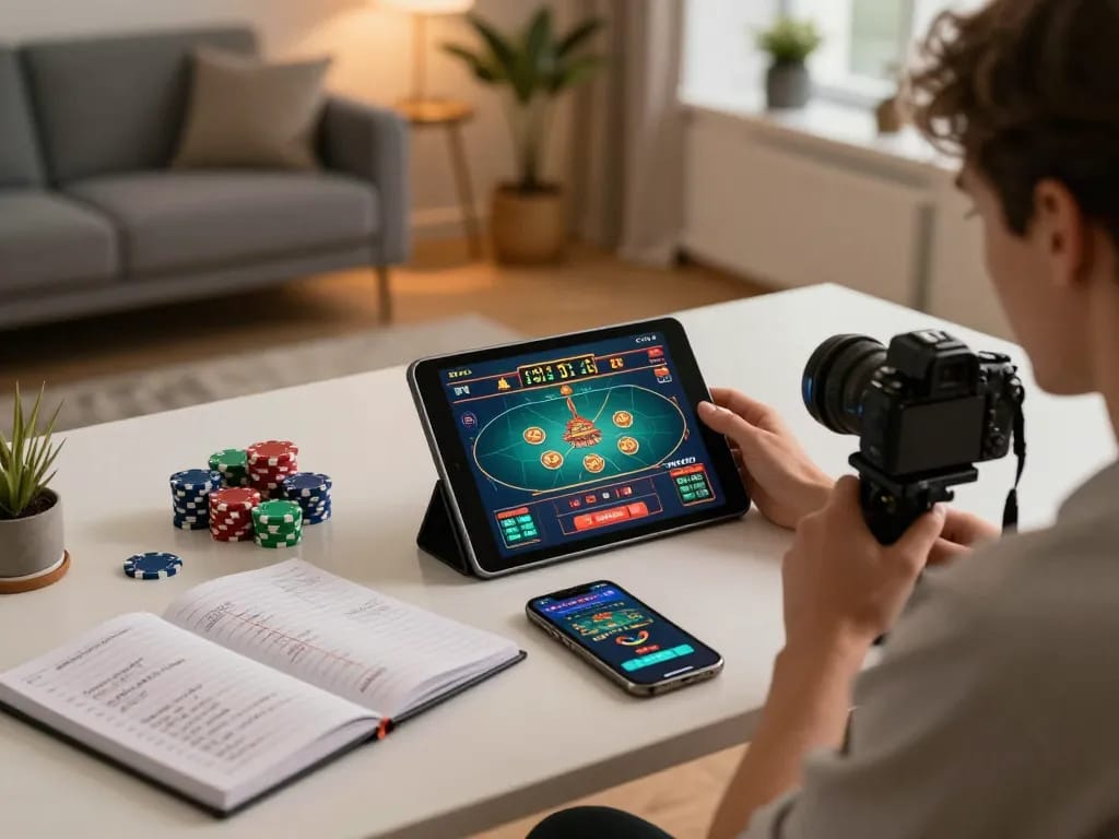 Capturing the essence of top quality widgets with a player engaged in online gambling, showcasing strategic betting and a stylish setup