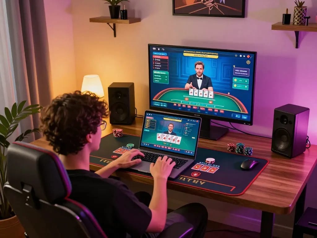 Engaging online gaming scene with vipwin blackjack gameplay on laptop, cozy atmosphere