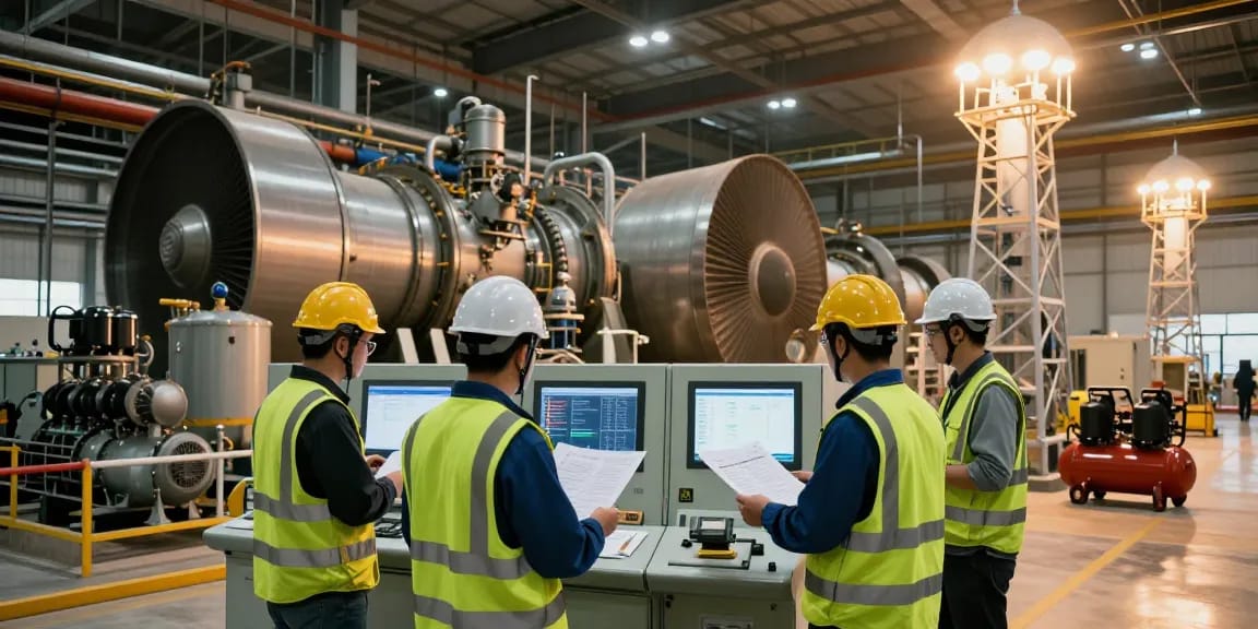 Engineers collaborating in Power Generation facility with turbines and advanced equipment