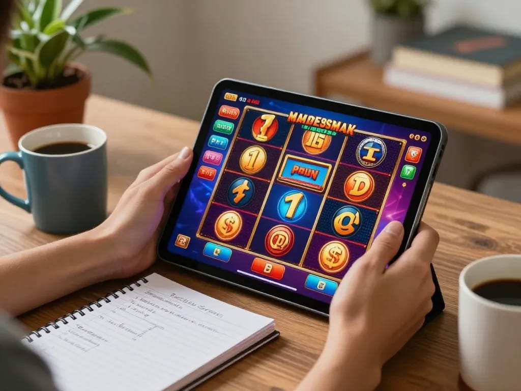 Engaging scene of online slot gaming with slot bonus new member 100 displayed on tablet screen, showcasing vibrant graphics and player excitement.
