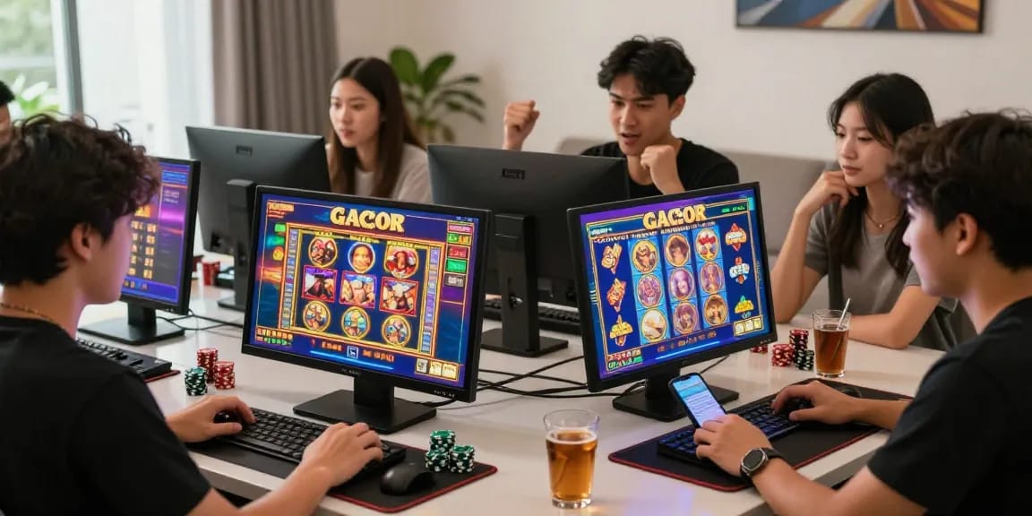 Players enjoying slot gacor games in an immersive online gaming environment with vibrant screens and lively atmosphere.