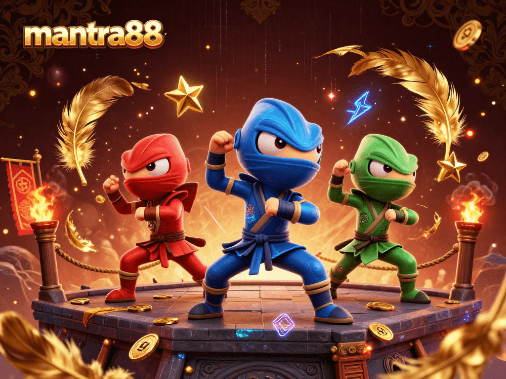 Action-packed scene of mantra88 chameleon ninjas throwing stars in a vibrant casino atmosphere
