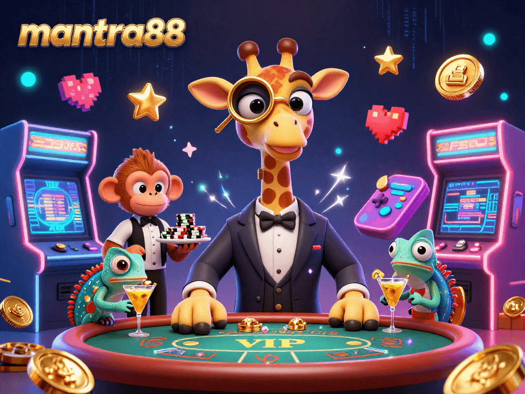 Experience mantra88 with a vibrant 3D scene featuring a giraffe and monkey at a VIP poker table.