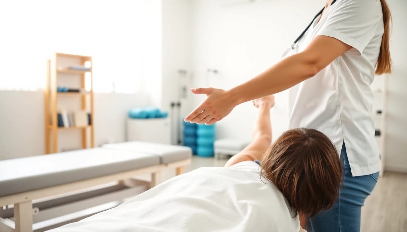 Patient receiving Physiotherapie treatment with attentive therapist in modern clinic.