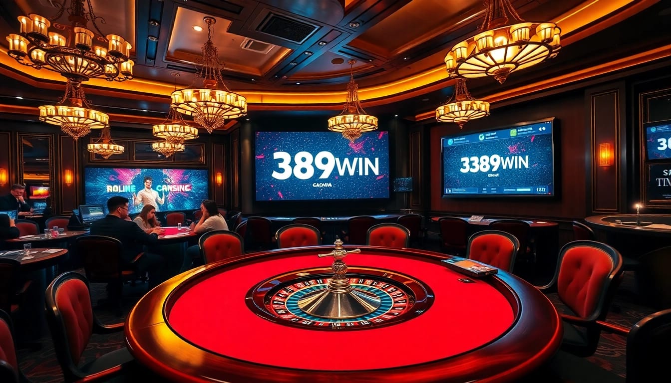 Experience the thrill of 389WIN at a luxurious casino with poker tables and roulette wheels.