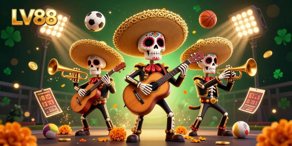 Engage with LV88’s exciting gaming experience featuring a vibrant mariachi band amidst dynamic sports elements.