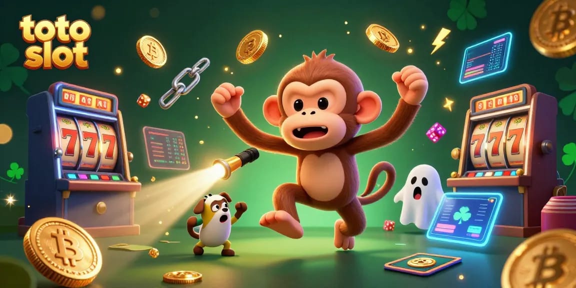 Spin the reels at toto slot with a mischievous poltergeist monkey juggling golden coins in a casino scene.