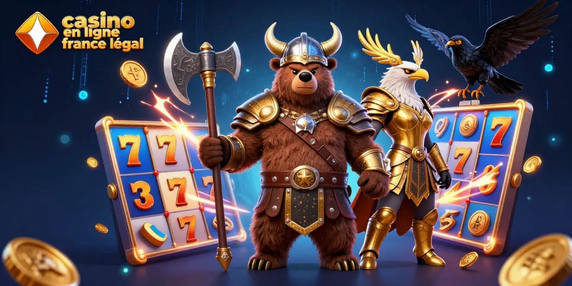Jouez à des jeux de casino en ligne légal en France avec une illustration dynamique d'ours et d'aigle.