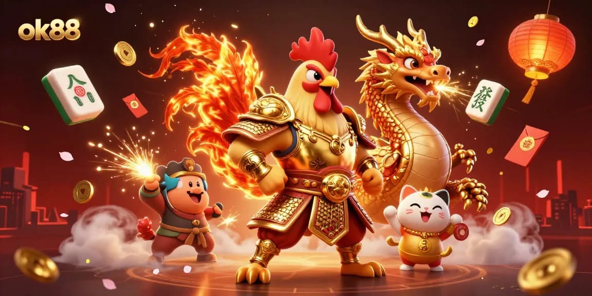 Experience the thrilling adventures of ok88 with a cartoon rooster warrior and dragon in an energetic casino scene.