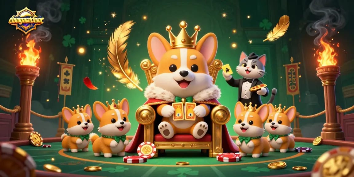 Experience the exciting gameplay of duongmatchuoc with a royal corgi on a throne of poker chips!