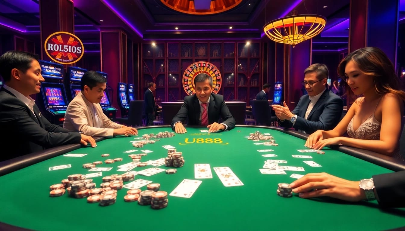 U888 casino table showcasing exciting gameplay with vibrant poker chips and cards.