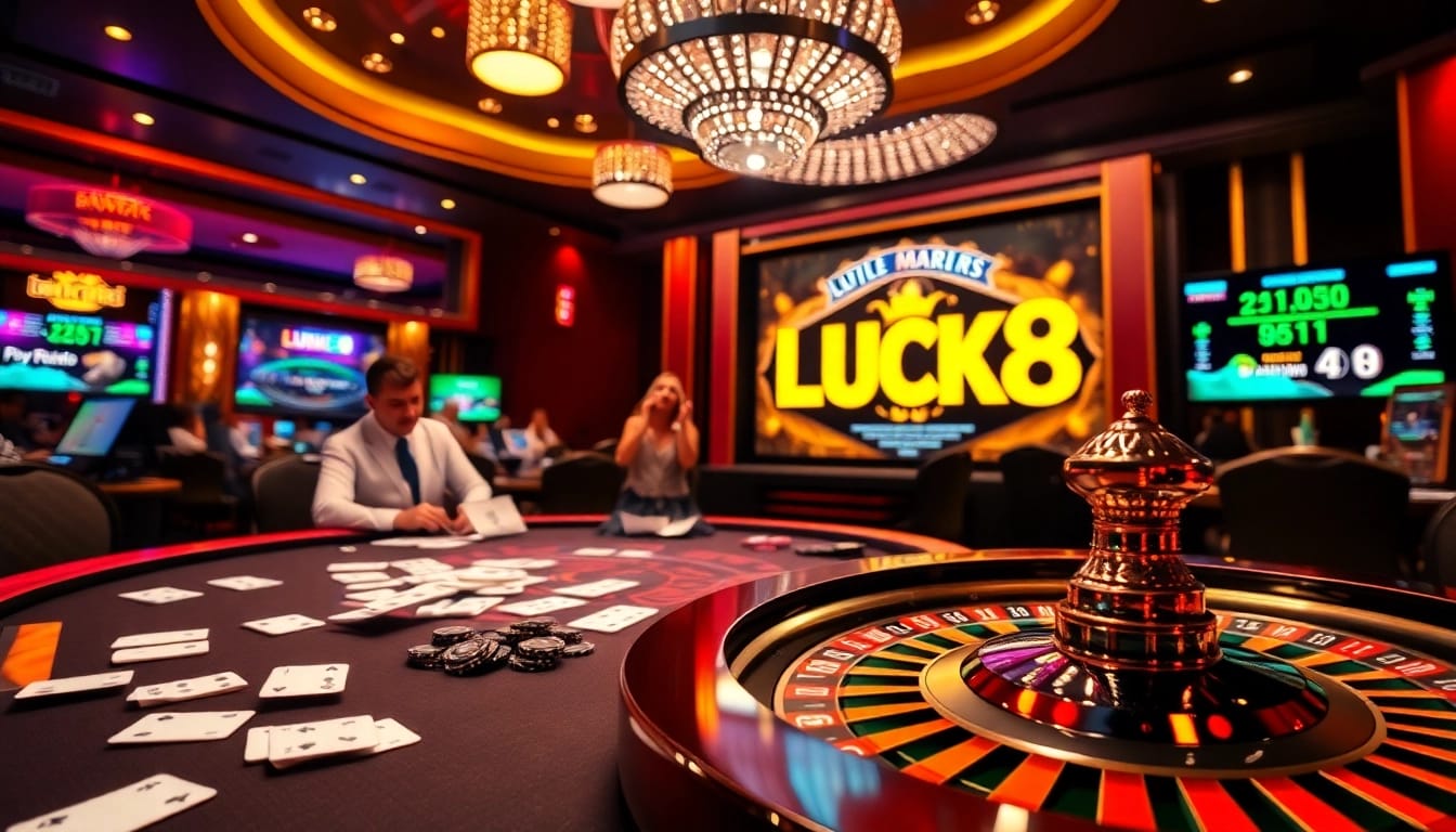 LUCK8 showcases thrilling online gambling with professional players at a vibrant casino table.
