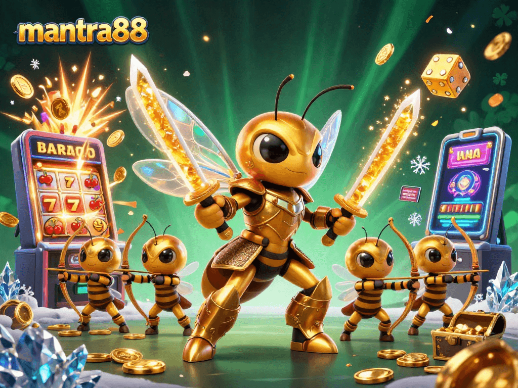 Experience thrilling jackpots at mantra88 with 3D illustrations of a bee samurai and vibrant casino elements.