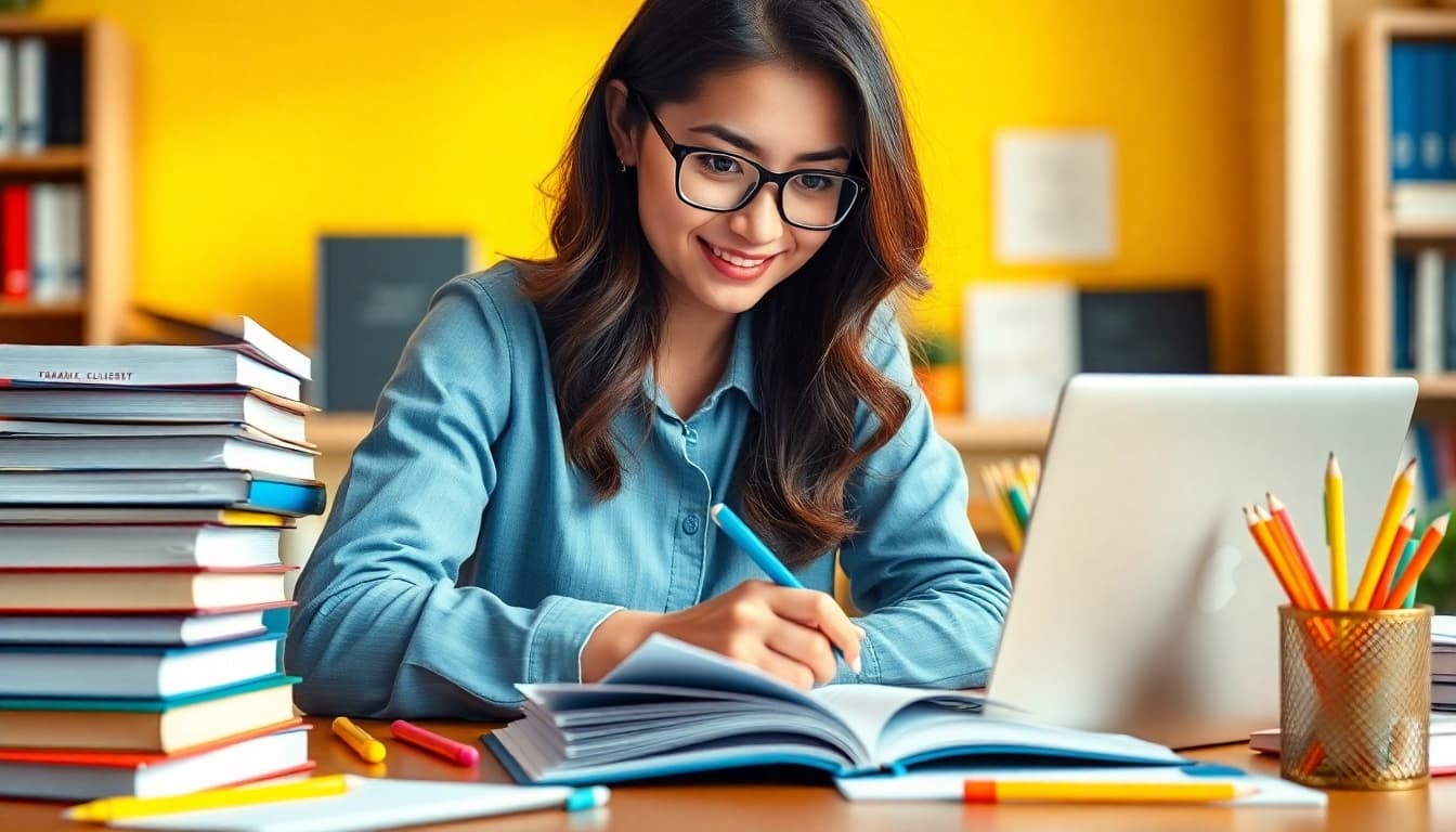 Engaged student creating an effective exam preparation setup in a well-lit study area.