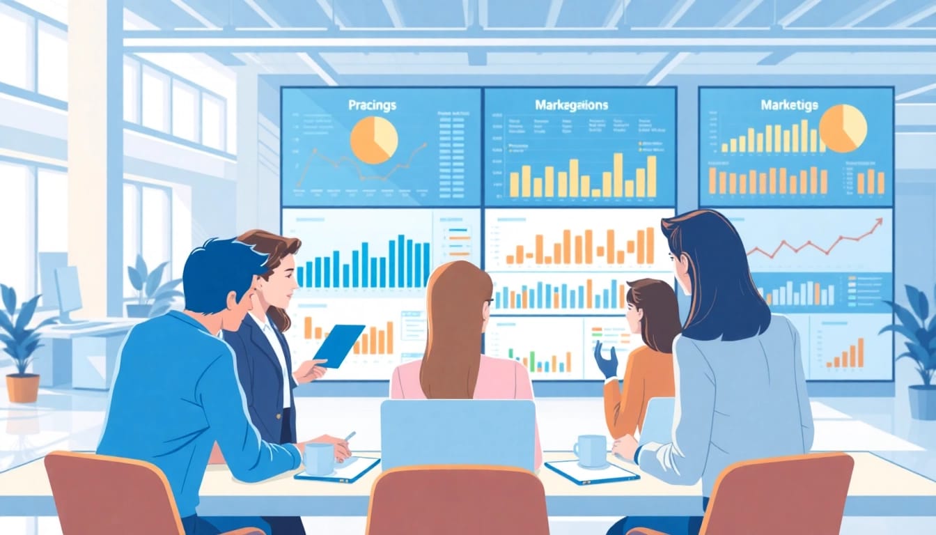 Analyze competitor pricing strategies in a collaborative business setting with visuals of teamwork.
