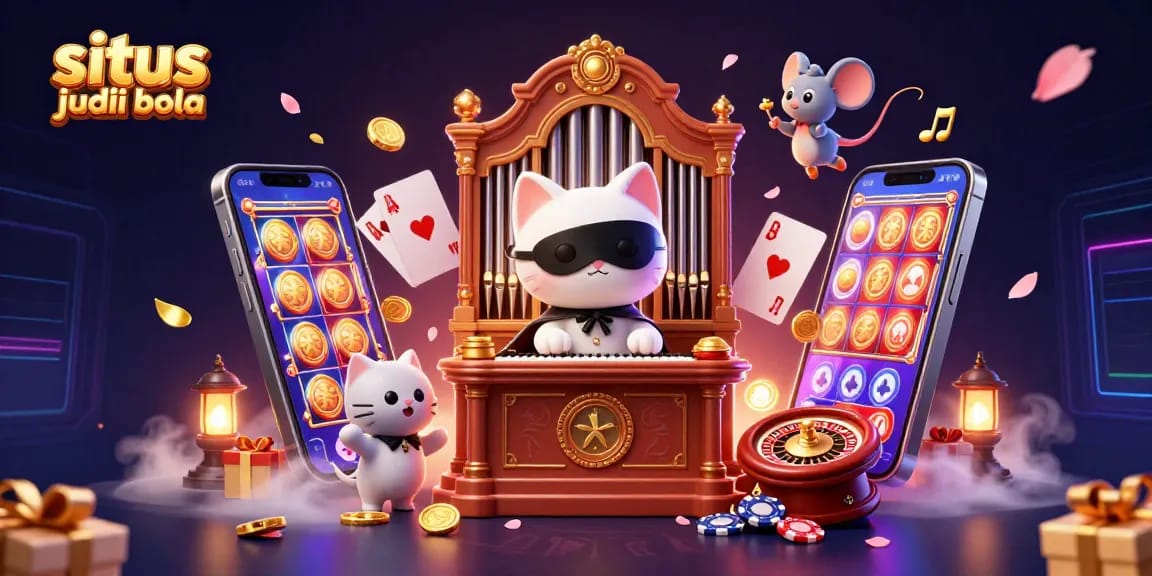 Situs judi bola featuring a cartoon white cat and mouse in a vibrant casino scene with games and decorations.