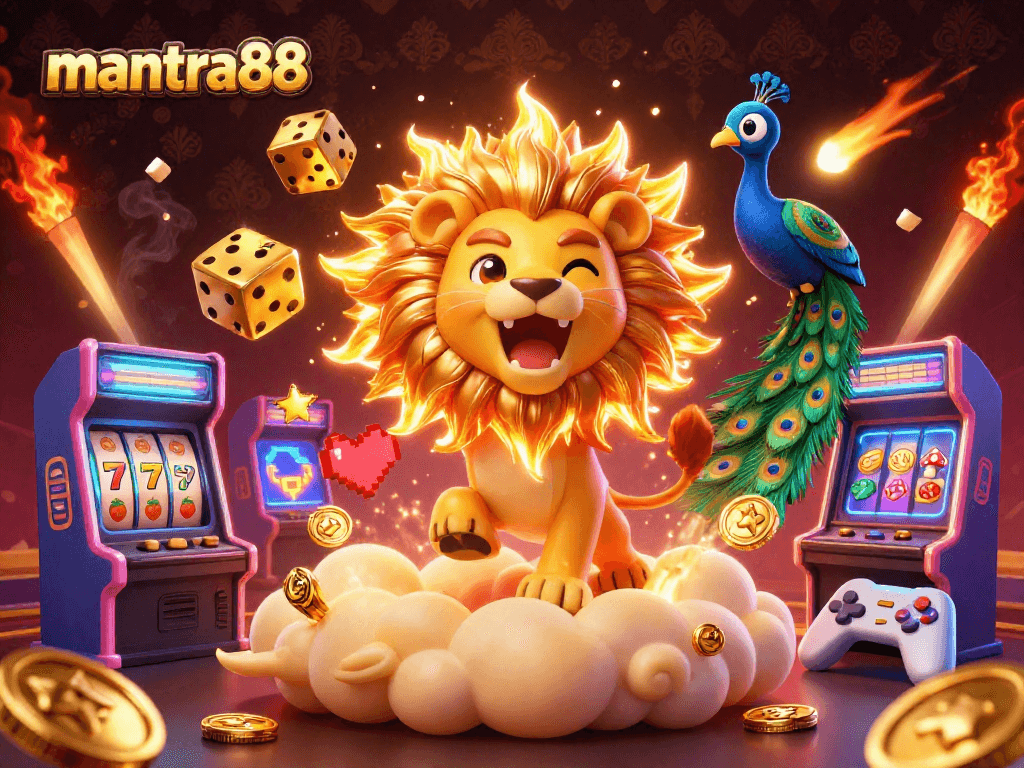 Experience the excitement of mantra88 with this vibrant 3D casino-themed illustration featuring golden lions, immersive game elements, and dynamic action.