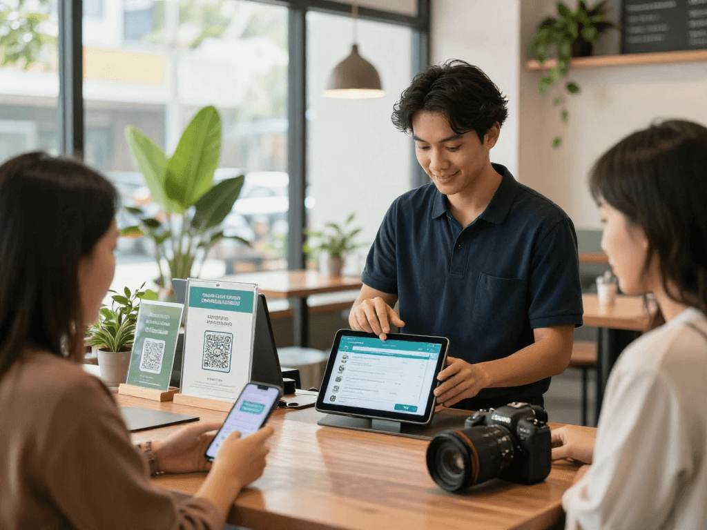 Customers using loyalty software to earn rewards in a welcoming café environment.