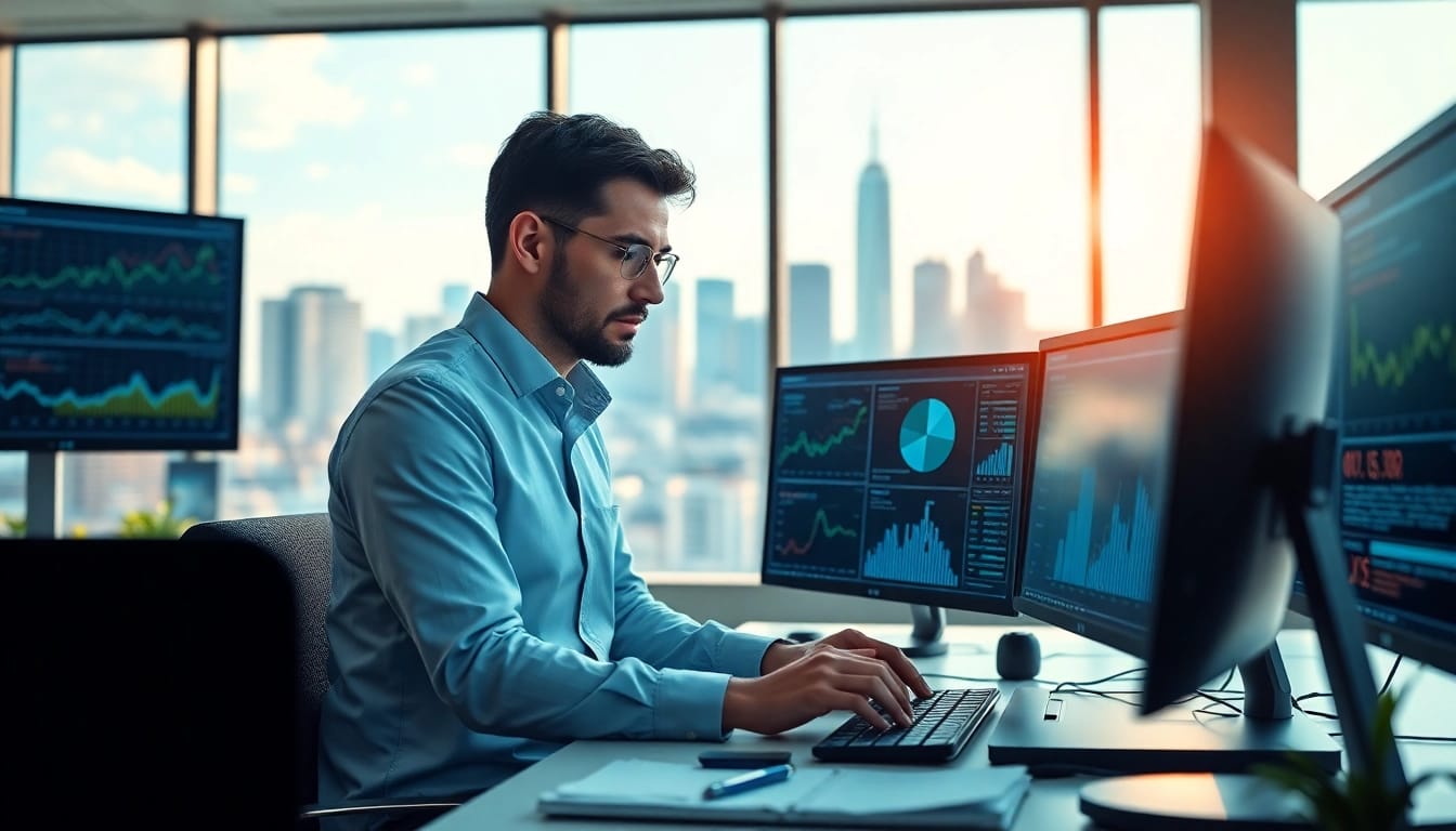 Utilizing AI for competitive intelligence in a modern office environment, featuring charts and data analysis.