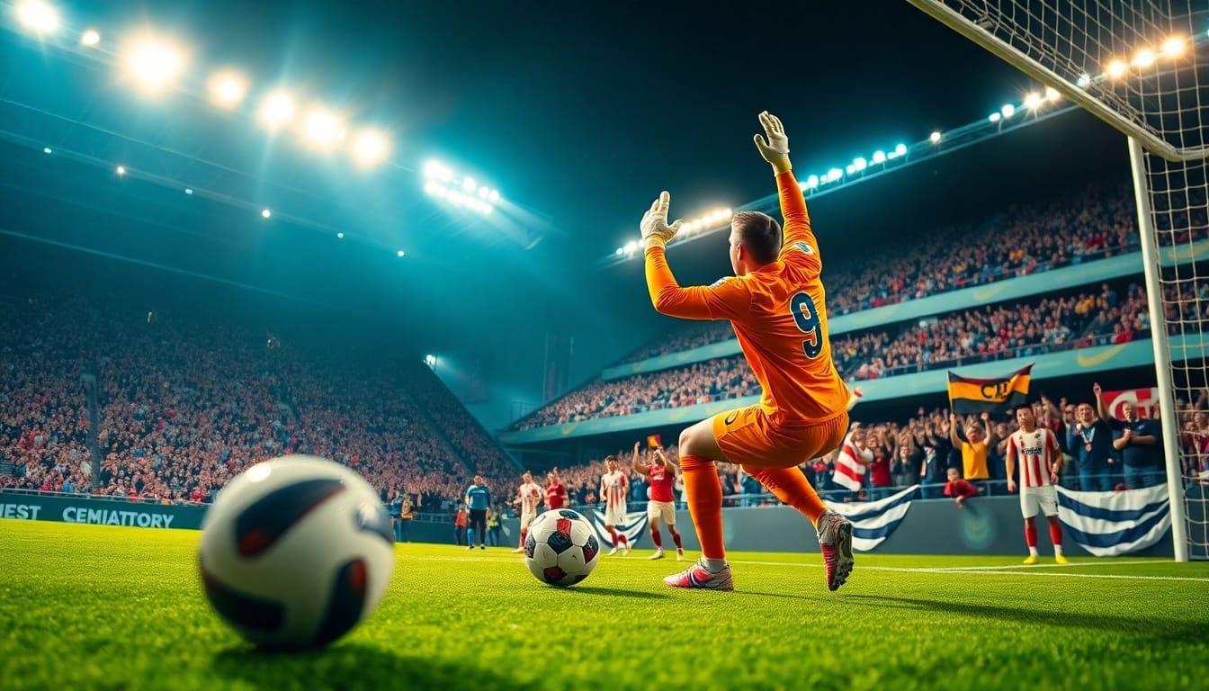 Goalkeeper in a thrilling bola wan nii match, diving to make a sensational save amidst an energizing stadium crowd.