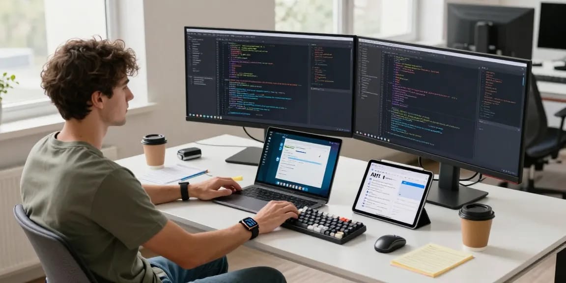 Dynamic workspace scene showcasing 纸飞机下载 and coding tools in a modern office environment