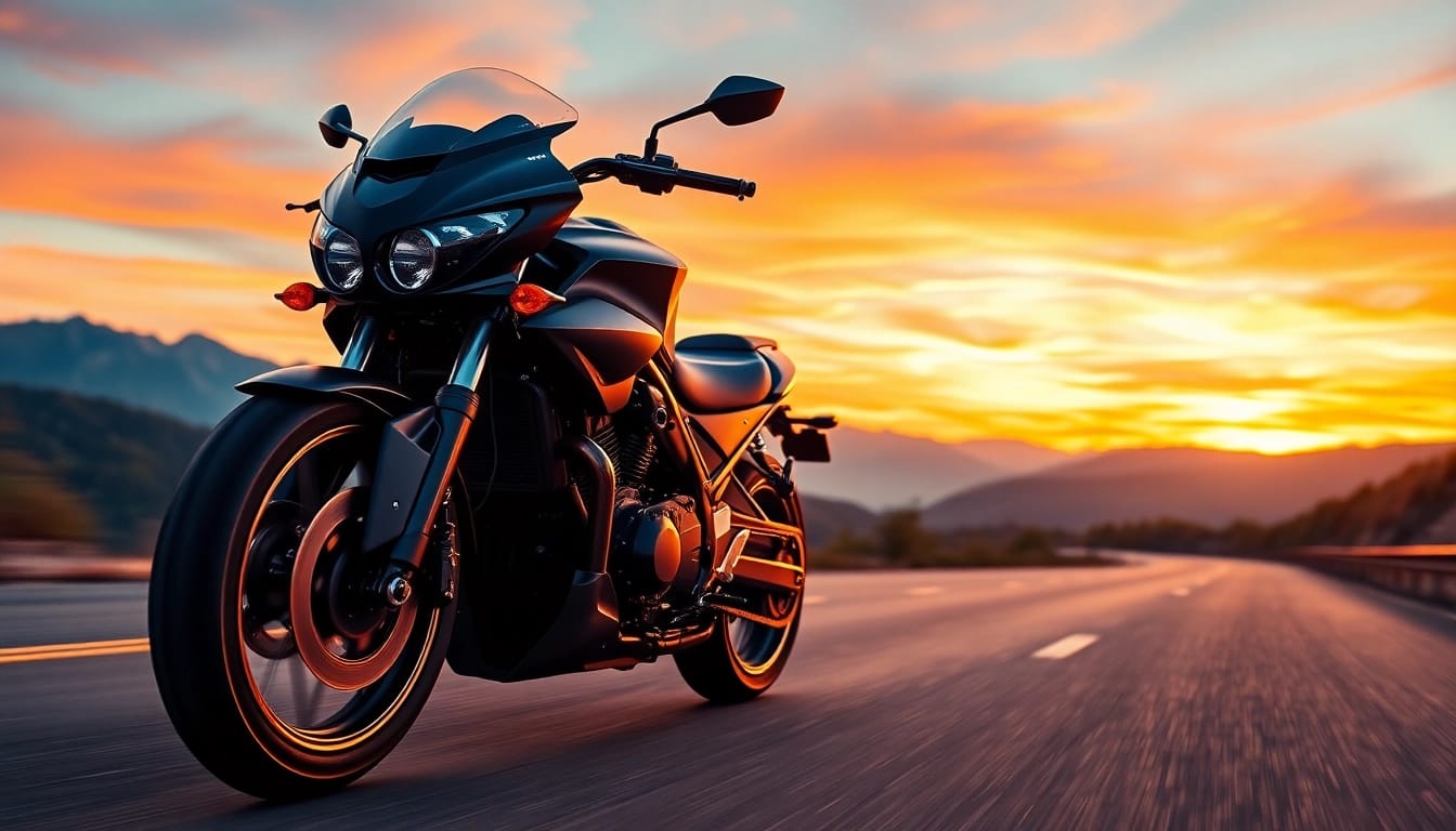 Ride confidently on budget DOT approved motorcycles for sale with sleek designs against a vibrant sunset backdrop.