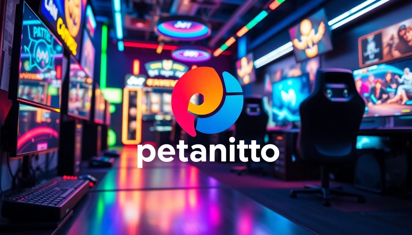 Menghadirkan suasana gaming petanitoto yang menarik dengan logo dan peralatan modern dalam pencahayaan dinamis.