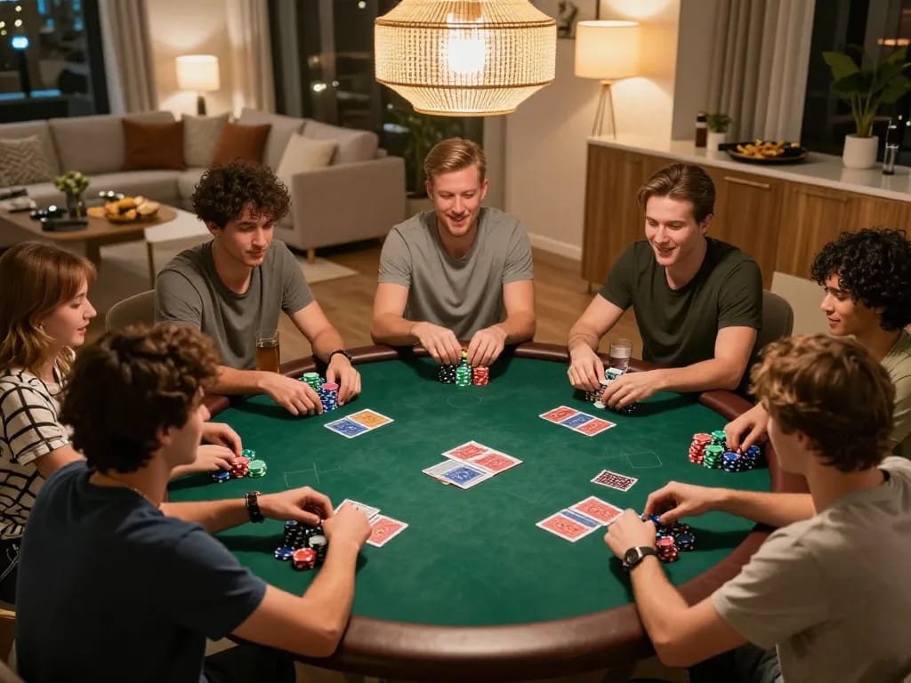 M88 cá cược trực tuyến đêm poker với bạn bè chơi chiến lược xung quanh một chiếc bàn tròn.
