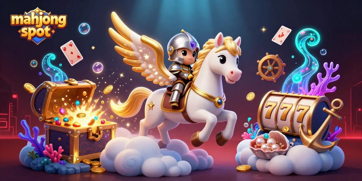 Exciting mahjong slot scene with a celestial horse and knight amid treasure and vibrant casino elements.