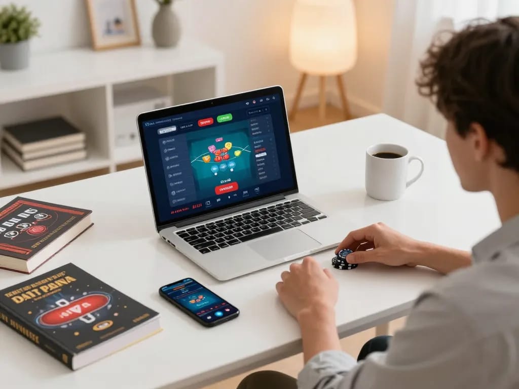 Engaging in online gambling at vipwin with poker displayed on laptop screen and strategy books