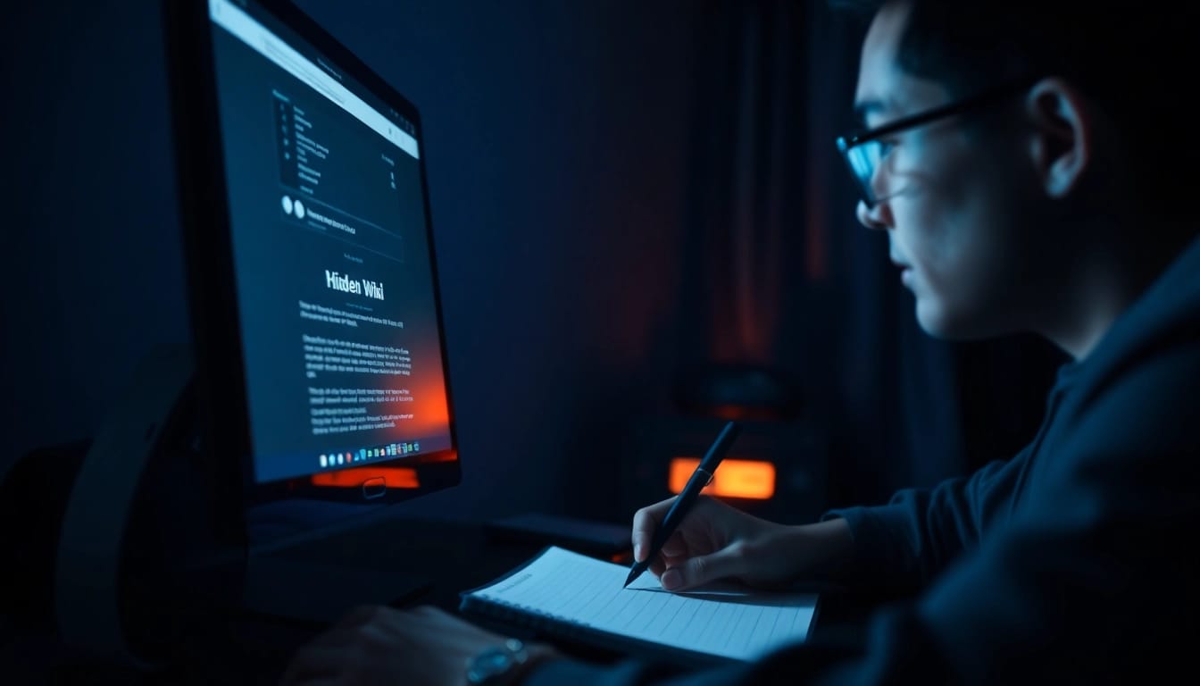 The hidden wiki tor showcased on a user's screen in a dimly lit room, emphasizing exploration and online safety.