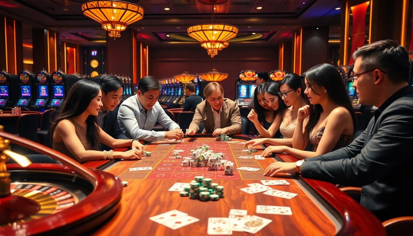 Players enjoying Tài xỉu md5 at a luxurious casino table with dice and chips.