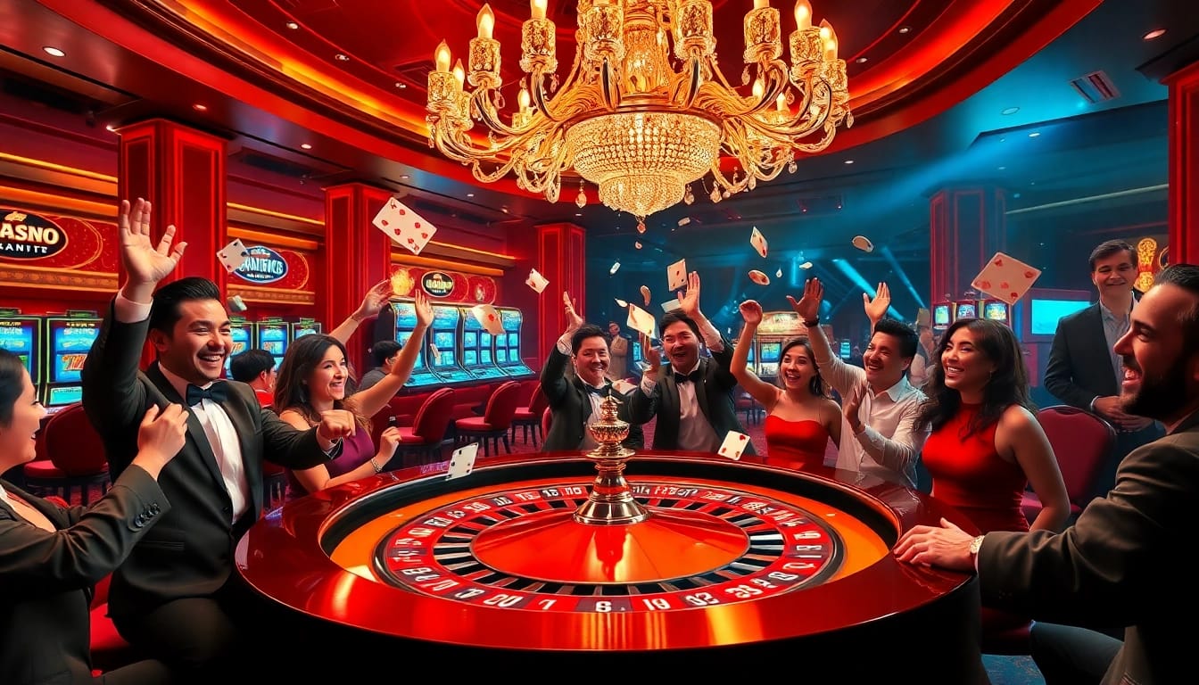 Players celebrating wins at a luxurious casino, showcasing excitement and casino elements from https://rr888.in.net/.
