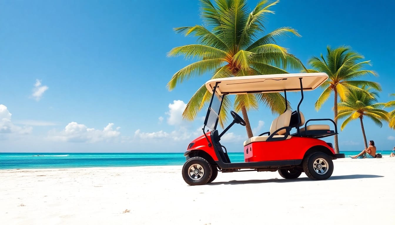 Enjoying a bright red golf cart during San Pedro Belize Golf Cart Rental on a sunny beach.