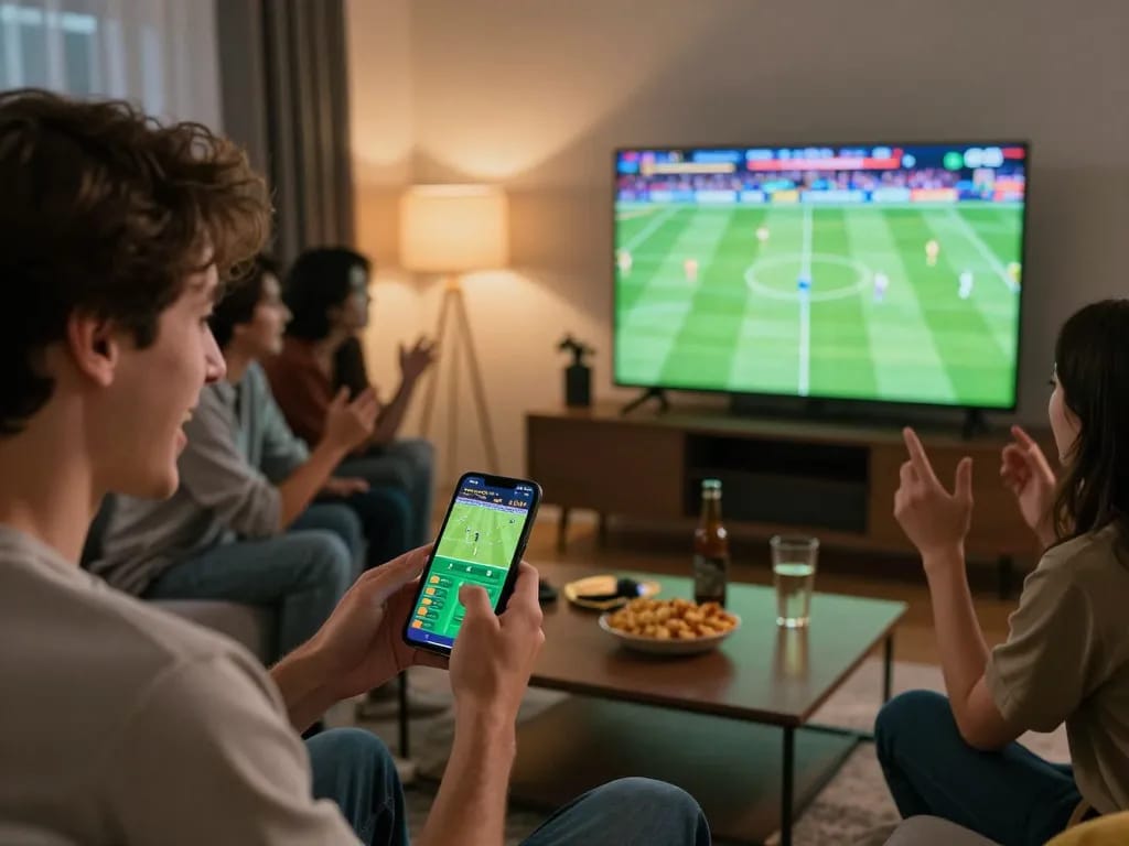 Excited person using a smartphone betting app, placing bets on football while watching the game, showcasing Link vào OXBET.