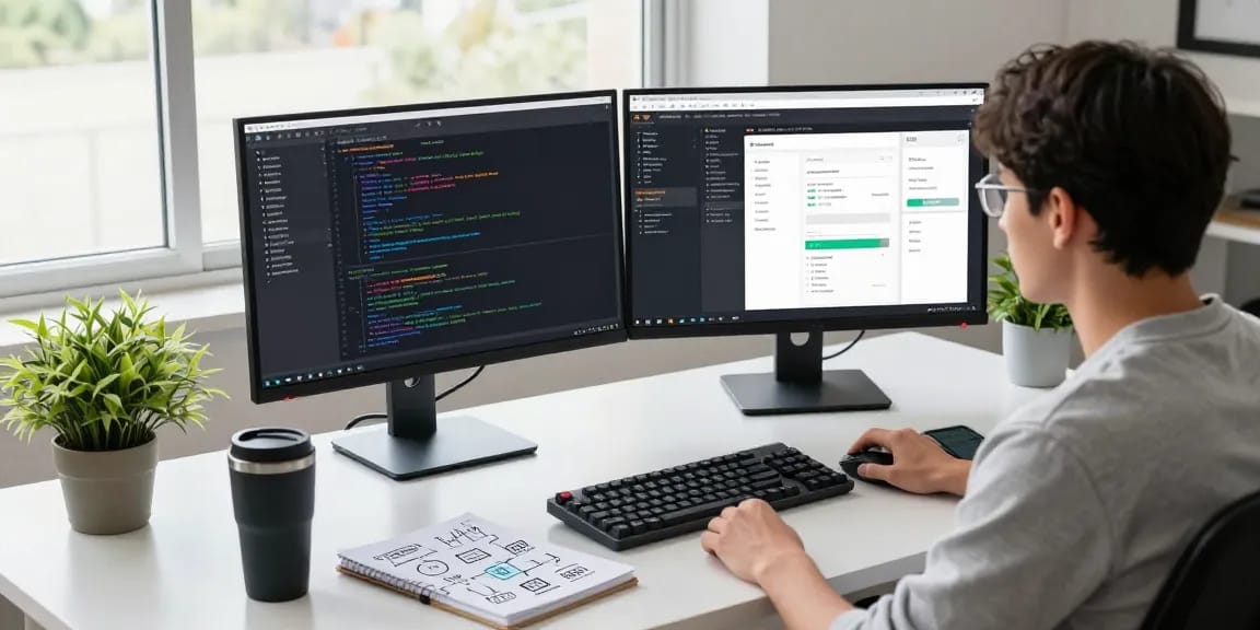 Developer's workspace showcasing 纸飞机官网 features with dual monitors and coding environment.