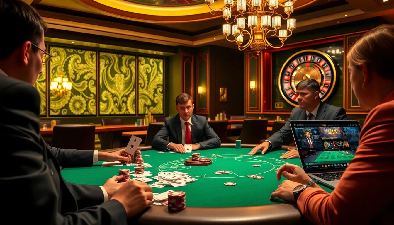 A thrilling IDN poker game in a luxurious casino setting, showcasing excitement and strategy.