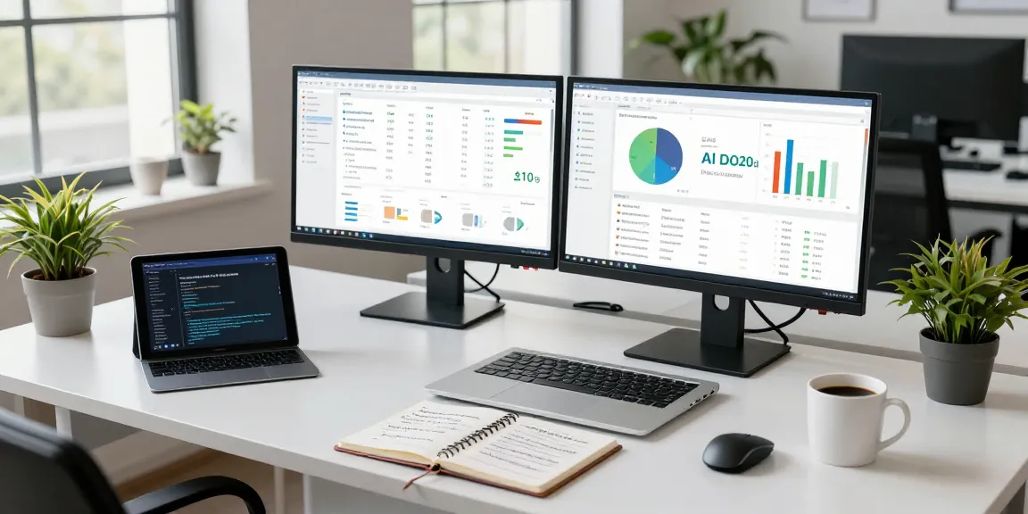AI detector analysis in a modern tech workspace featuring dual monitors and data visualizations.