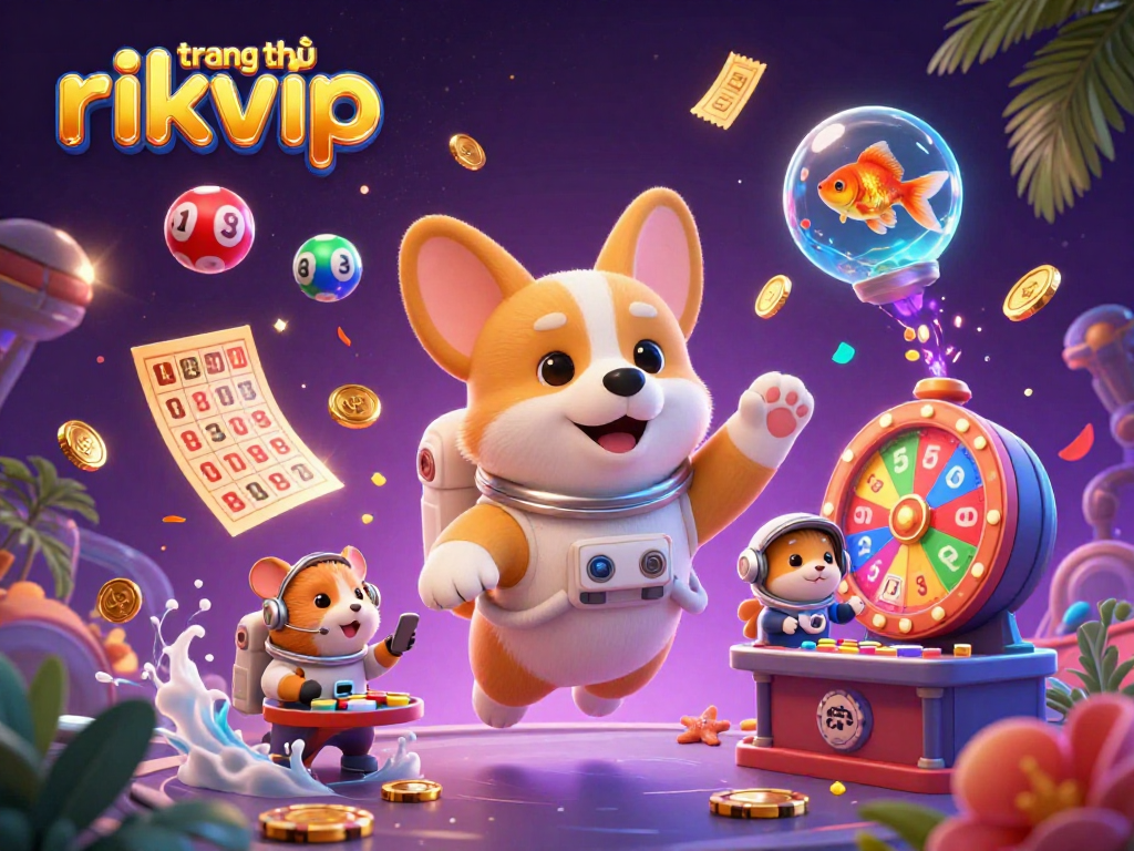 Play exciting games on trang chủ rikvip with a whimsical depiction of a cartoon corgi enjoying a space casino adventure.