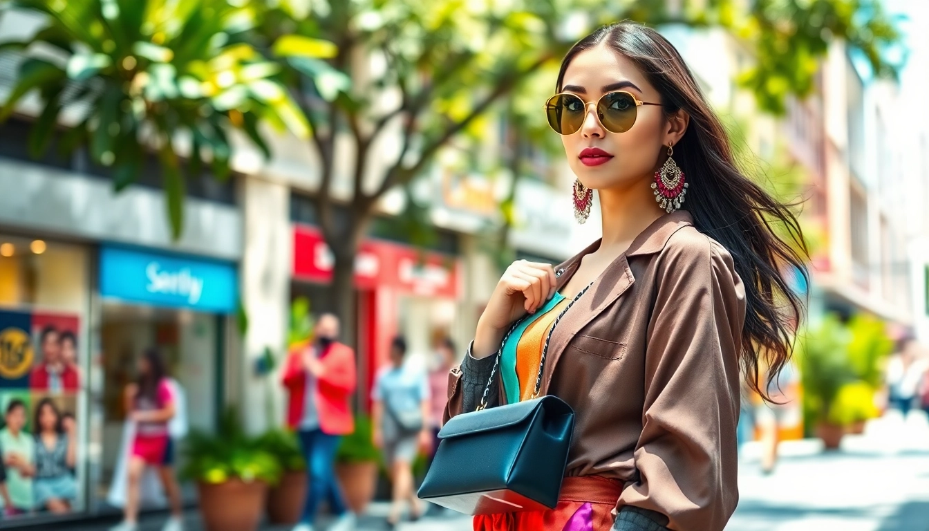 Captivating woman showcasing vibrant Fashion trends in a bustling urban setting.
