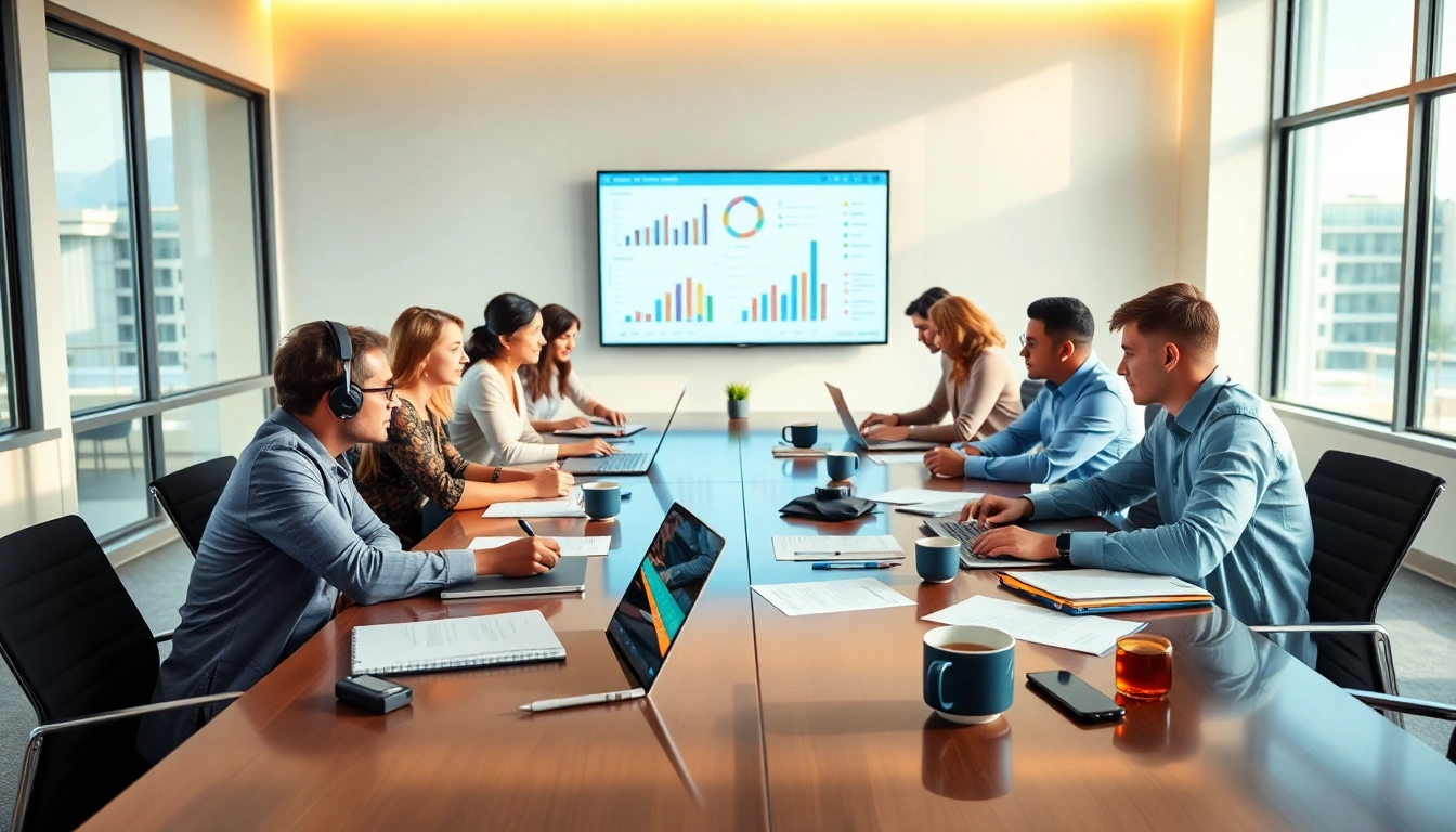 Collaborative atmosphere showcasing Proposal Writing and Management during a team meeting with documents and tech.