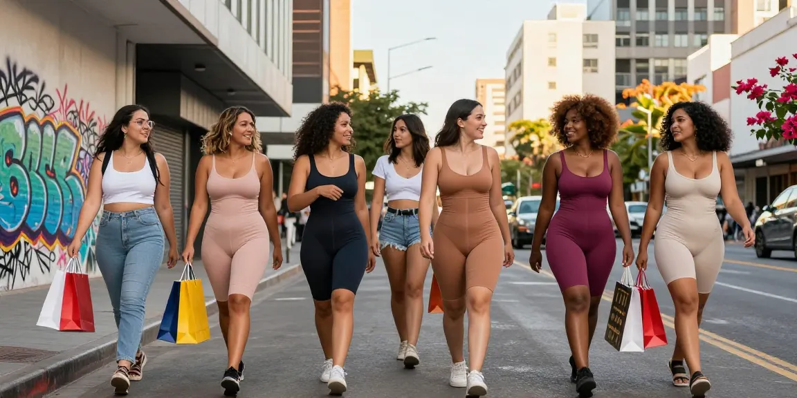 Wanita dalam koleksi shapewear Galess dari https://colombianshapeweargaless.com berjalan percaya diri di jalan kota yang hidup.